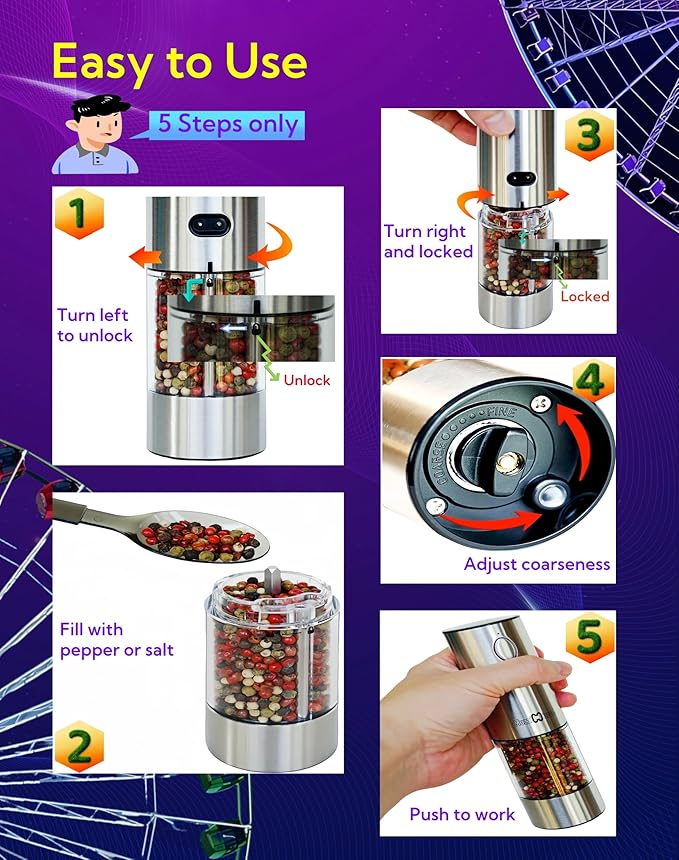 Electric Salt and Pepper Grinder Set with USB Charging Base, Upgraded 95ml Larger Capacity, Adjustable Coarseness,Stainless Steel Automatic Pepper Mill with One-Hand Operation, 2 Pack (Silver+Silver)