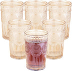 Vintage Textured Amber Striped Drinking Glasses Set of 6, 13 oz Ribbed Glassware with Flower Embossed Design, Romantic Cocktail Set, Juice Glass, Iced Coffee Cup, Colored Water Glasses Tumblers