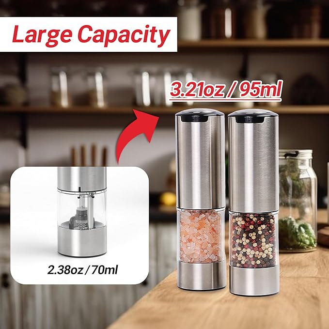 Electric Salt and Pepper Grinder Set – Automatic One-Handed Operation, Rechargeable Stainless Steel Mills, LED Light, 5-Level Adjustable Coarseness, Large 95ml Capacity and Clear Base