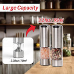 Electric Salt and Pepper Grinder Set – Automatic One-Handed Operation, Rechargeable Stainless Steel Mills, LED Light, 5-Level Adjustable Coarseness, Large 95ml Capacity and Clear Base