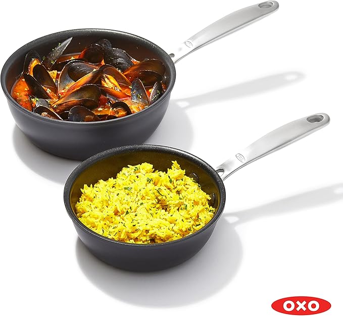 OXO Good Grips Pro 1QT and 2QT Saucepan Pot Set with Lids, 3-Layered German Engineered Nonstick Coating, Stainless Steel Handles, Black