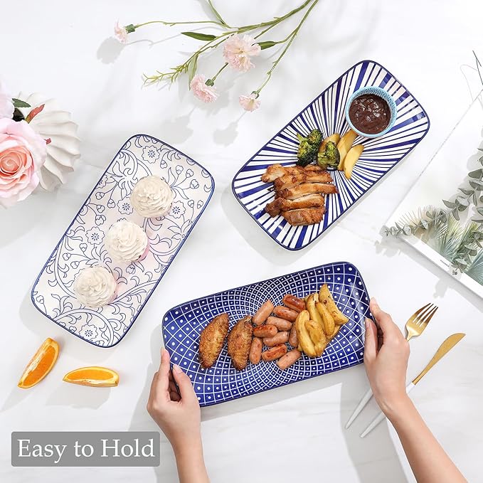 Selamica Ceramic Rectangular Serving Platters Set of 4, 12 Inch Serving Trays/Dishes for Party Entertaining, Rectangular Dinner Plates for Appetizer Salad Dessert Sushi, Vintage Blue