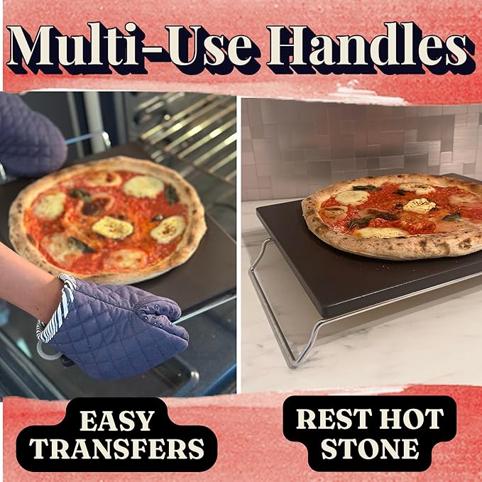 Reversible Ceramic Pizza Stone for Oven - Pizza Stones for Grill with Handles, Pizza Peel, Pizza Cutter, Dough Tool - Bread Baking Stone - 15 inch Ceramic Pizza Pan - Pizza Making Kit - Oven Stone