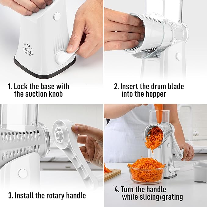 Zulay Kitchen Rotary Cheese Grater 5 Blade Cheese Shredder - Manual Hand Crank Cheese Grater With Reinforced Suction & 5 Interchangeable Drums - Easy to Use, Vegetable Chopper Round Mandoline Slicer