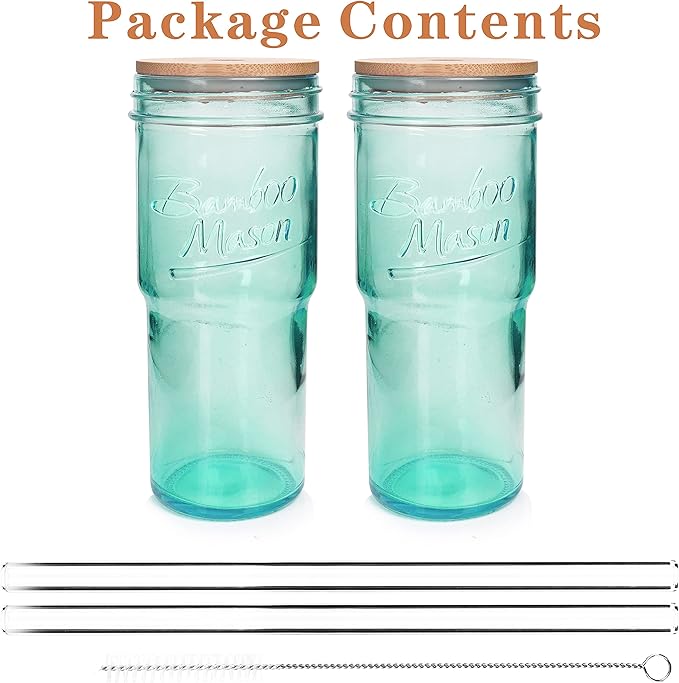 ANOTION Colored Glass Cups with Lids and Straws - 24oz Travel Coffee Mug Wide Mouth Mason Jar Iced Coffee Cup Smoothie Cup Glass Tumbler Tea Cup Clear Cute Water Cups Colorful Drinking Glasses