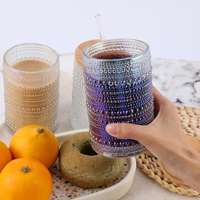 Vintage Drinking Glasses Set of 4 with Bamboo Lids, Textured Clear Striped Ribbed Glassware Set Cocktail Set Beaded Glass Cups Old Fashion Embossed Iced Coffee Cup for Beer, Beverage(16 oz), Rainbow