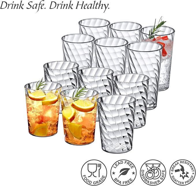 Amazing Abby Glacier Plastic Tumblers (Set of 12), 14-Ounce and 18-Ounce, All-Clear, Stackable, BPA-Free, Shatter-Proof, Dishwasher-Safe