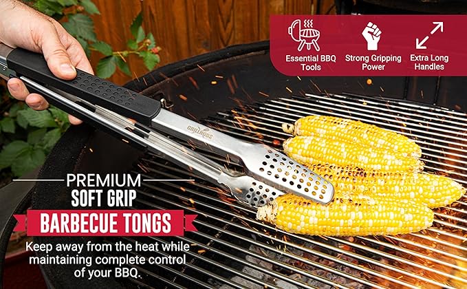 16" Extra Long Tongs 18/0 Stainless Steel BBQ Grill Tongs with Durable Soft Grip Handle for Cooking - Durable Grilling Accessory, Tongs for Cooking & Kitchen, Outdoor Barbecue, Easy to Clean