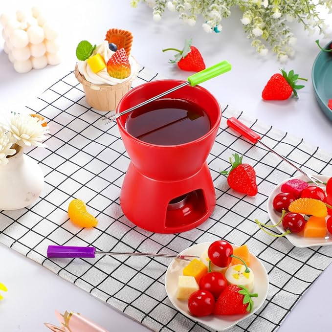 Nuogo 4 Pcs Fondue Pot Set Mini Melting Bowl Set with 16 Pcs Mini Forks for Cheese, Chocolate, Tapas, Butter and Caramel (Red)