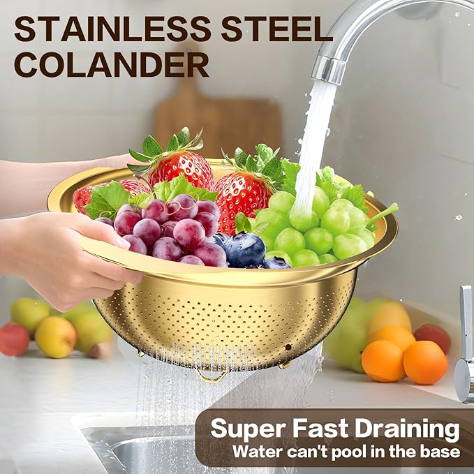 Stainless Steel Strainers for Kitchen, Stainless Steel Colander, Kitchen Strainer for Pasta Fruits Vegetables, 3 Pack Strainers and Colanders(2QT, 3QT, 5QT), Rust-Proof & Dishwasher Safe, Gold