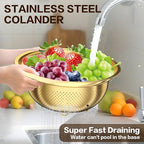 Stainless Steel Strainers for Kitchen, Stainless Steel Colander, Kitchen Strainer for Pasta Fruits Vegetables, 3 Pack Strainers and Colanders(2QT, 3QT, 5QT), Rust-Proof & Dishwasher Safe, Gold