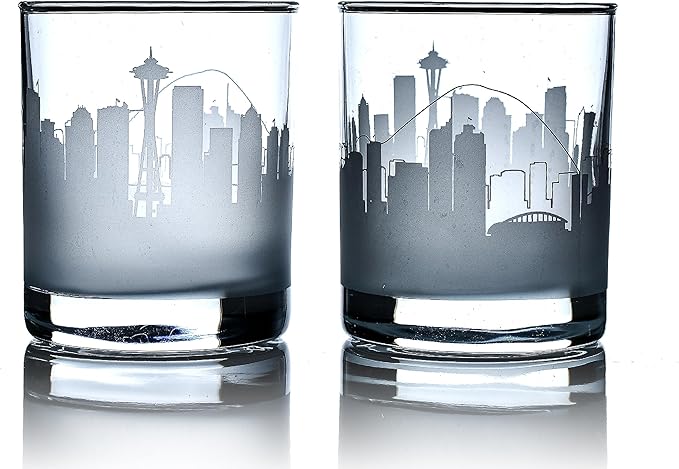 Greenline Goods Skyline Etched Seattle Whiskey Glasses Gift (Set of 2) | Old Fashioned Tumbler – For Seattle Lovers