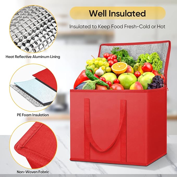 BALEINE 2Pk Insulated Reusable Grocery Bags, Collapsible Cooler Bag for Groceries, Heavy Duty Large Insulated Bag (Large, Bright Red)