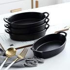 Bruntmor 8" x 5" Oval Porcelain Ceramic Deep Dish Pie Pan Set of 4, Double Handle Au Gratin Baking Dishes, Oven Safe Roasting Lasagna Pan For kitchen- Black