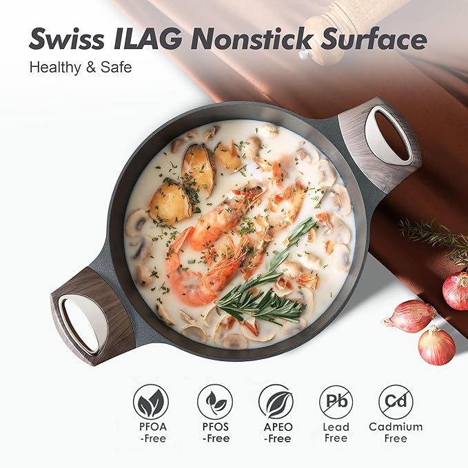 SENSARTE Nonstick Stock Pot with Lid, 4.5+6.6 QT Soup Pot Set Casserole Pot, Healthy Pasta Pot, Large Deep Cooking Pot, Big Sauce Pot Stew Pot, Induction Compatible, PFOA PFOS APEO Free, Black