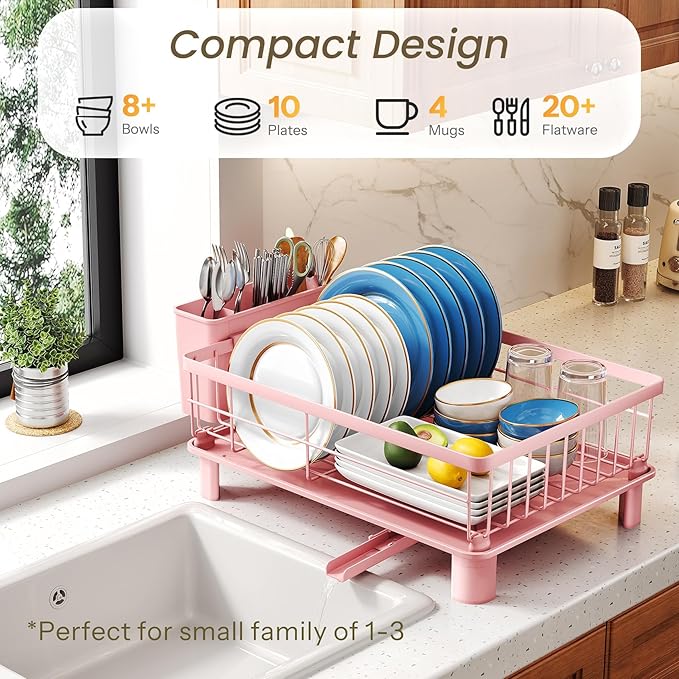 Dish Drying Rack - Small Dish Rack for Kitchen Counter, Stainless Steel Dish Drainer with Utensil Holder and Drainboard (Pink)