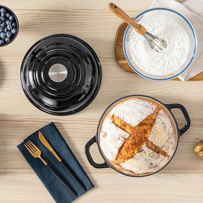 Velaze Enameled Cast Iron Dutch Oven for Bread Baking,5 QT Round Bread Oven Pot with Dome Lid for Sourdough, Roasting,Braising(Black)