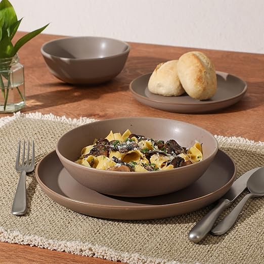 Gibson Elite Laguna Bliss 16 Piece Stoneware Reactive Glaze (Service for 4) Ceramic Plates and Bowls Dinnerware Set - Matte Beige-Gray W/Terracotta Bottom