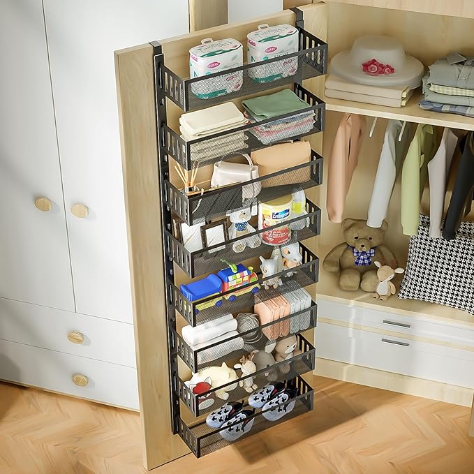 8-Tier Over The Door Pantry Organizer with Mesh Baskets, Adjustable & Stable Hanging Spice Rack for Kitchen, Bathroom, Bedroom, and Baby Essentials Storage (16" W 8-Tiers, Black)