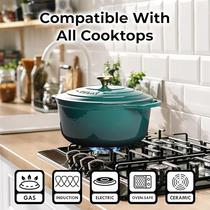 Zulay Kitchen 7.7 Quart Enameled Cast Iron Dutch Oven with Lid, Silicone Trivet & Heat Pad – Premium Durability & Oven Safe up to 500°F – Heavy Duty Cookware Perfect for Bread Baking, Stews, Braising & Roasting – emerald