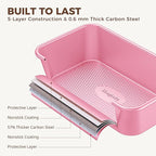 HONGBAKE 9-Piece Baking Pans Set Nonstick, Stackable Non Toxic Bakeware Sets with Diamond Texture, Oven Pan Set for Cooking, Includes Cookie Sheet with Rack, Cake Pan, Roasting Pan, Muffin Tin, Pink