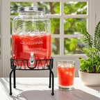 DHSBTLS 2 Gallon Glass Drink Dispensers, 1 Pack Clear Beverage Dispenser for Party, BBQ and Picnic, Juice Dispenser with Ice Core, Black Stand, Spigot, Markers and Chalkboard