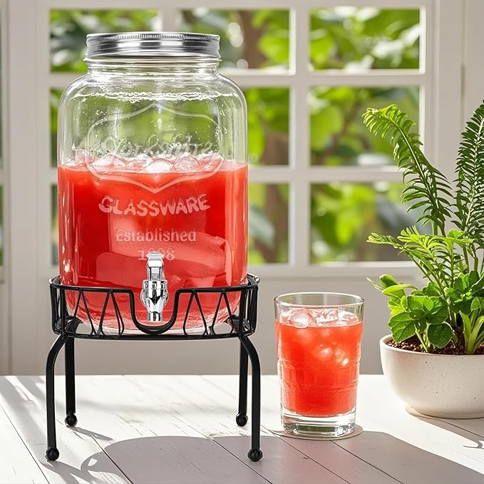 DHSBTLS 2 Gallon Glass Drink Dispensers, 1 Pack Clear Beverage Dispenser for Party, BBQ and Picnic, Juice Dispenser with Ice Core, Black Stand, Spigot, Markers and Chalkboard