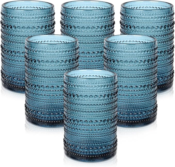 Vintage Glassware Drinking Glasses Set of 6,15 oz Hobnail Glass Cups,Embossed Blue Water Tumbler,for Beer,Cocktail,Whiskey,Juice and Various Mixed Drinks- 1 Cleaning Brush