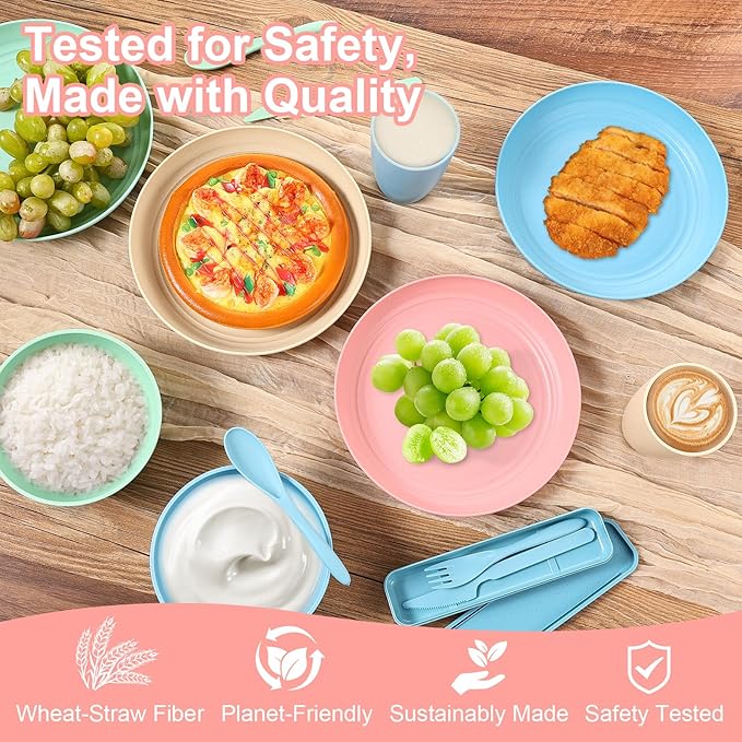 Wheat Straw Dinnerware Sets for 4 - Lightweight & Unbreakable Dishes - Microwave & Dishwasher Safe - Perfect for Camping, Picnic, RV - Kids Plates and Bowls Sets - College Dorm Room Essentials