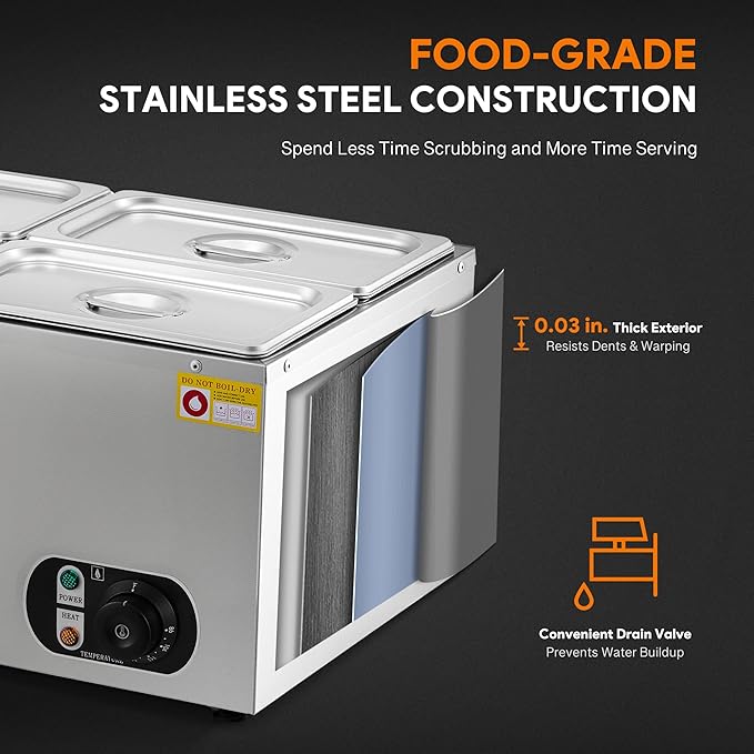 WILPREP Commercial Food Warmer with Four 1/4 Pans, 1500W Countertop Electric Steam Table, 86-185°F Adjustable Temp Control & Over-Temp Protection, Stainless Steel Buffet Bain Marie