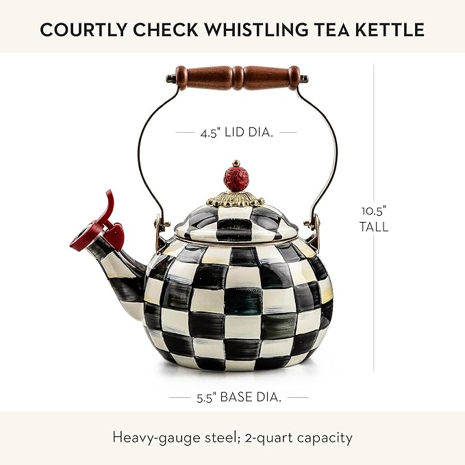 MACKENZIE-CHILDS Enamel Whistling Tea Kettle, Decorative Teapot for Stovetop, Black-and-White Courtly Check