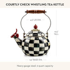 MACKENZIE-CHILDS Enamel Whistling Tea Kettle, Decorative Teapot for Stovetop, Black-and-White Courtly Check