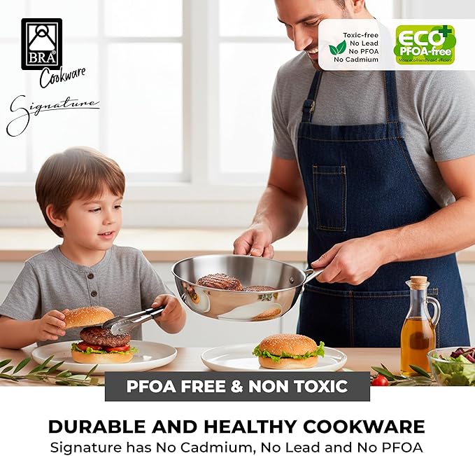 BRA COOKWARE Signature Deep Frying Pan | 9.5 inches Professional High Skillet | Stainless Steel Deep Frying Pan | All Stovetop Compatible | PFOA Free | w/o Non-Stick Coating | Polished Finish