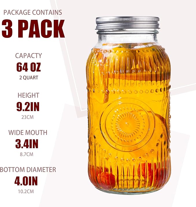 Amzcku 64oz vintage Mason Jars with Lids, Wide Mouth 2 Quart Canning Jar Half Gallon, Safe For Storage, Canning, Pickling, Preserving, Fermenting, DIY Crafts & Decor 3 Pack