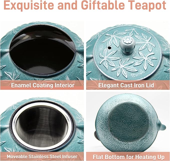 30.4oz Small Cast Iron Teapot Tea Kettle with Stainless Steel Infuser for Stovetop Safe Coated with Enameled Interior Japanese Tetsubin with Maple Leaves Pattern(30.4oz/900ml)