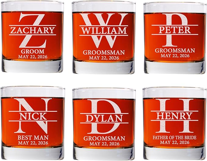 Set Of 6, Personalized Whiskey Glass For Groomsman Gifts, Best Man, Groom, 11oz Old Fashioned Custom Monogrammed Whiskey Glass