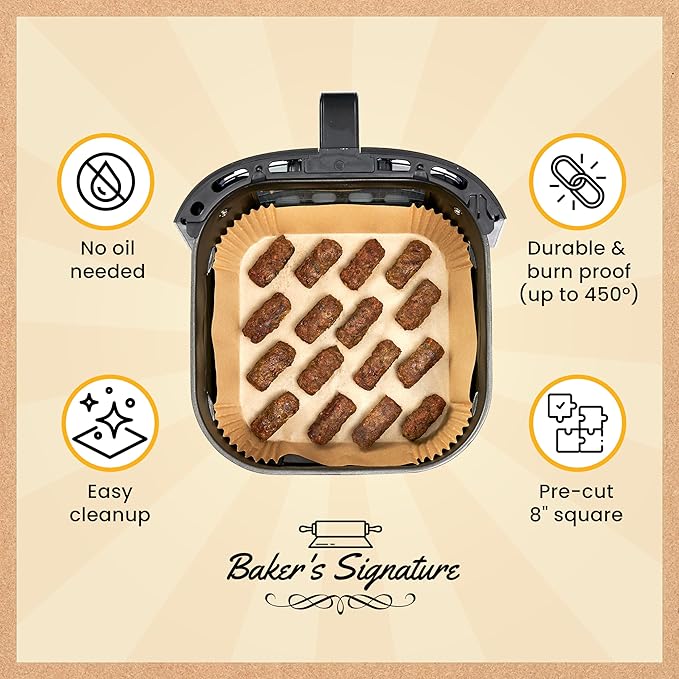 250 pcs Air Fryer Liners, Disposable Airfryer Paper Liners – Non-Stick and Oil Proof for Easy Cleanup, Great for Oven, Pans & Baking – 8” Square for 5-8 qt Basket by Baker's Signature