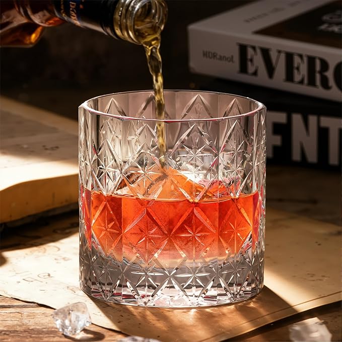 KAMMAK Crystal Whiskey Glass Set of 2, 7.44 oz (220ml) Old Fashioned Tumbler with Delicate Rim & Thick Stable Base, Hand Blown Lead-Free Barware for Scotch, Bourbon, Cocktail, 12-Facet