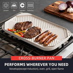 Nonstick Griddle Grill Pan - 19.5" x 11" Reversible Griddle Pan for Stove Top, Grill, or Campfire, Two Burner Cast Aluminum Grill, Rectangular Baking Flat and Ribbed Griddle Plate, Beige