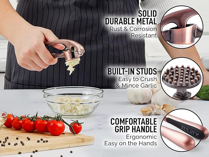 Zulay Kitchen Premium Garlic Press Set - Rust Proof & Dishwasher Safe Professional Garlic Mincer Tool - Easy-Squeeze, Easy-Clean with Soft, Ergonomic Handle - Silicone Garlic Peeler & Brush (Copper)