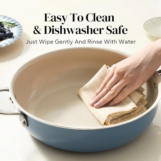 Redchef Ceramic Saute Pan with Lid, Nonstick Deep Frying Pan, 5QT Jumbo Cooker with Helper Handle & Lid, Non Toxic Ceramic Cooking Pan, Chef Pan, Dishwasher & Oven Safe, PFAS PFOA & PTFE Free（Blue）