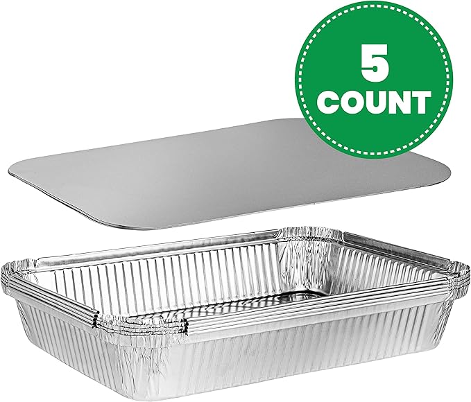PLASTICPRO Disposable 4 LB Aluminum Takeout Tin Foil Oblong Baking Pans 12'' X 8'' X 2'' Inch With Cardboard Lids - Brownies, Bread, or Lunchbox, Pack of 5