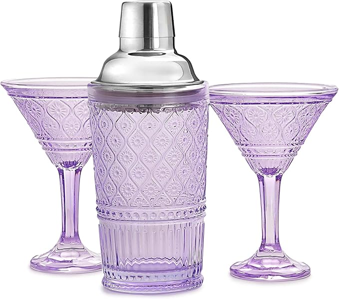 Godinger Cocktail Shaker and Martini Glasses Barware Gift Set, Martini Shaker and 2 Cocktail Glasses Set, Vintage Decor, Claro Collection, Lavender