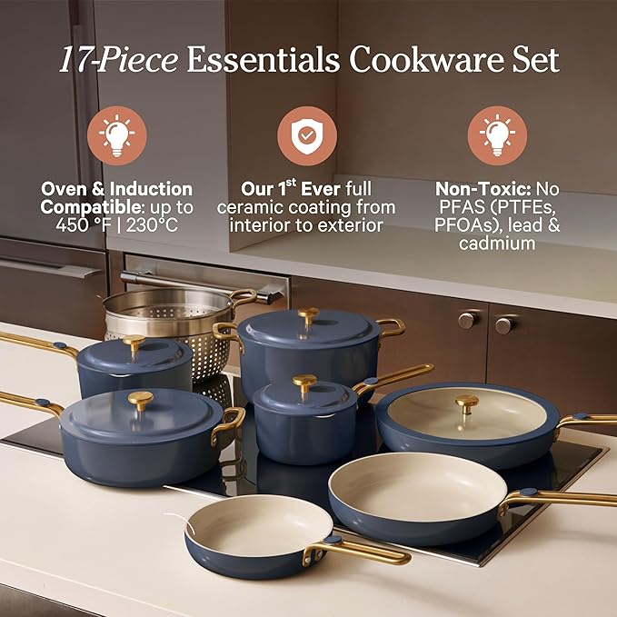 Our Place 17-Piece Essentials Complete Cookware Set - Ceramic Fry Pans, Saucepans, Sauté Pan, Stock Pot, Strainer Basket & Modular Storage | Thermakind™ Nonstick, Oven Safe up to 450°F | Blue Salt