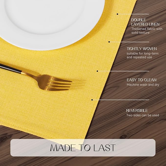 Romanstile Cloth Placemats Set of 8-12 x 18 Inch, Heat Resistant Double Layered Thickened Burlap Place Mats, Washable Faux Linen Farmhouse Table Mats for Kitchen/Dining/Party/Outdoor, Yellow