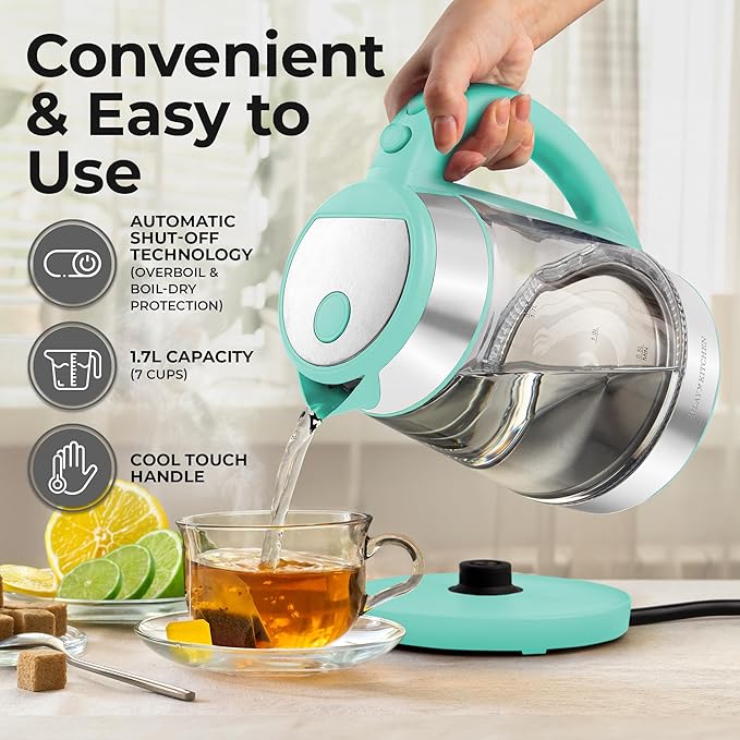 Zulay Kitchen Fast Boiling Electric Water Kettle - 1.7L, 1500W, Auto Shut-Off for Overboil & Boil Dry Protection, Cool-Touch Handle, 360° Base - Rapid Teapot Boiler For Coffee & Tea - Mint