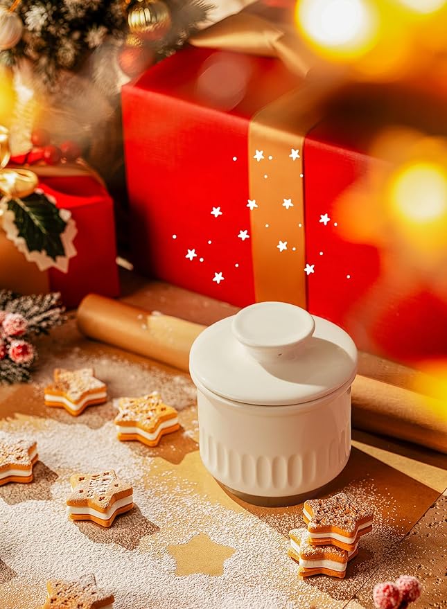 Sweese French Embossed Butter Crock with Lid - Elegant Floral Relief Design & Water Reservoir - White Countertop Butter Keeper