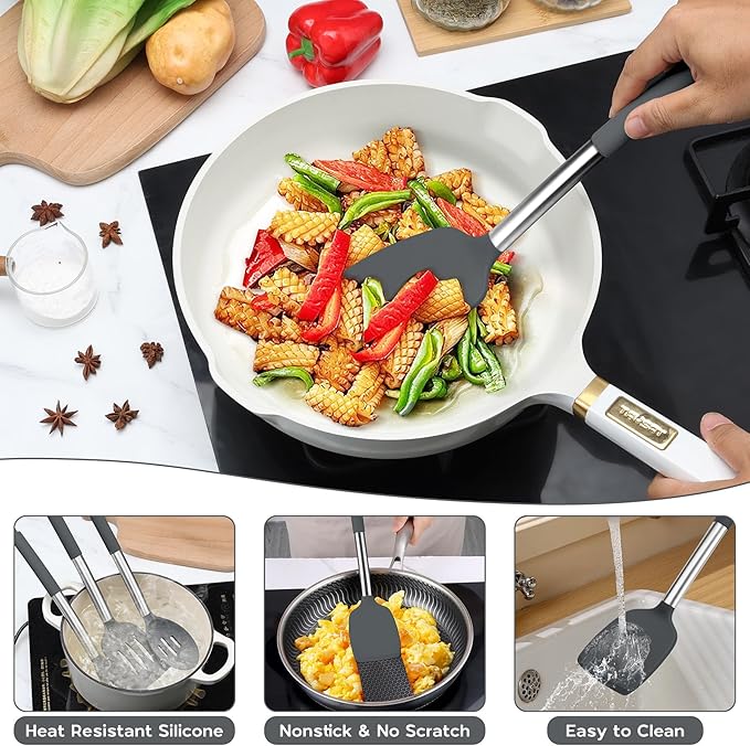 Kitchen Cooking Utensils Set of 15, Silicone and Stainless Steel Utensils Spatula Set with Holder, Heat Resistant & Dishwasher Safe - Grey