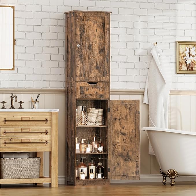 Iwell 67" Tall Storage Cabinet, Bathroom Cabinet with Drawer & Adjustable Shelves, Narrow Storage Cabinet, Floor Cabinet for Living Room, Home Office, Rustic Brown