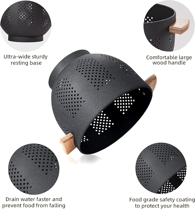 Metal Colander with Wood Handle and Stable Base, Powder Coated Steel Kitchen Strainer Basket for Draining Pasta, Vegetable and fruit(3quart,Matte Black)